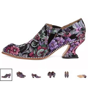 John Fluevog Black and Purple Floral Heels Original box and packaging